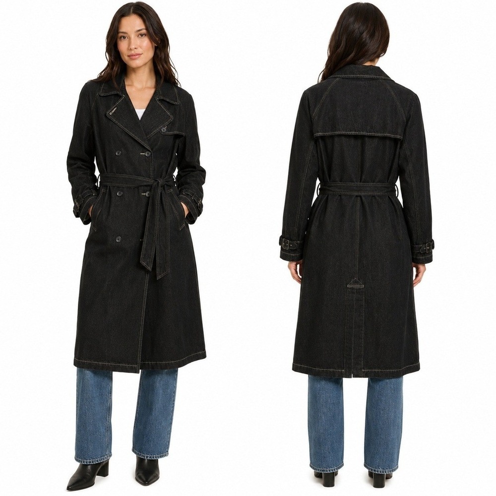 Crossing Pointe‎ Trench Woman's Large Coat Belted Double Breasted Black